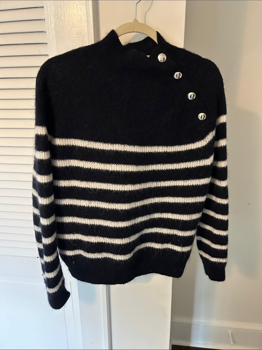 Sezane Navy and Cream Trim Knit Cardigan